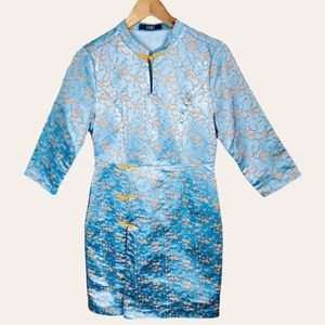 FRMZ Floral Brocade Faux Satin Keyhole Neck Quarter Sleeve Cheongsam Qipao Dress